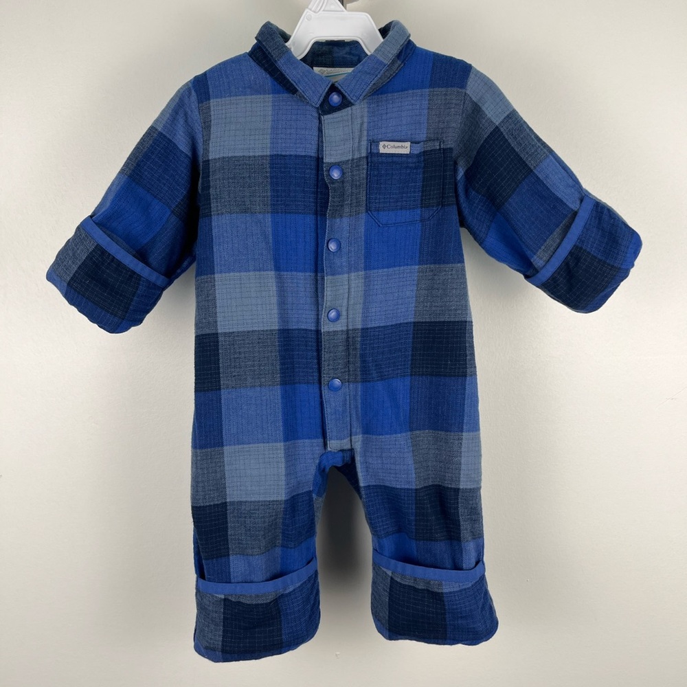 Columbia Baby Blue Plaid Fleece Lined Bunting Romper Snowsuit 3-6M